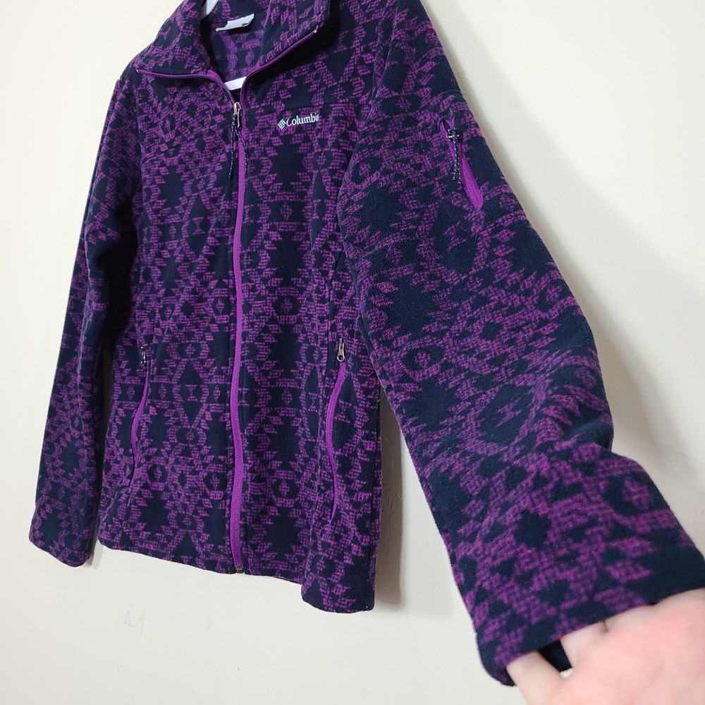 Columbia Purple Black Geometric Fleece S Full‎ Zip Jacket Granola Girl Winter - Picture 2 of 11